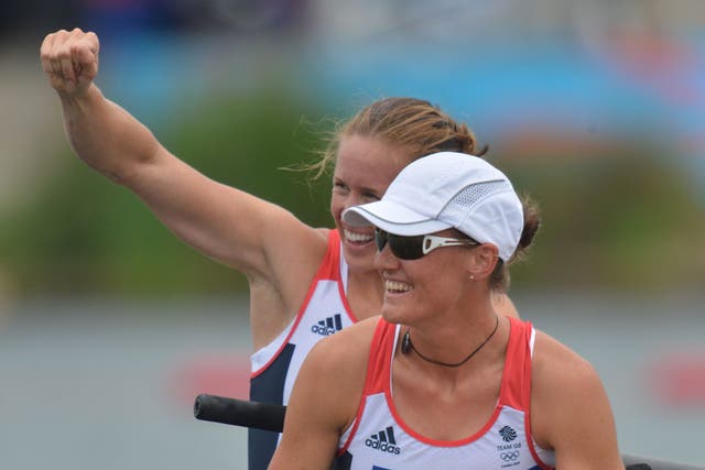 Helen Glover and Heather Stanning of Great Britain celebrate in their boat after winning gold in the Women's Pair Final