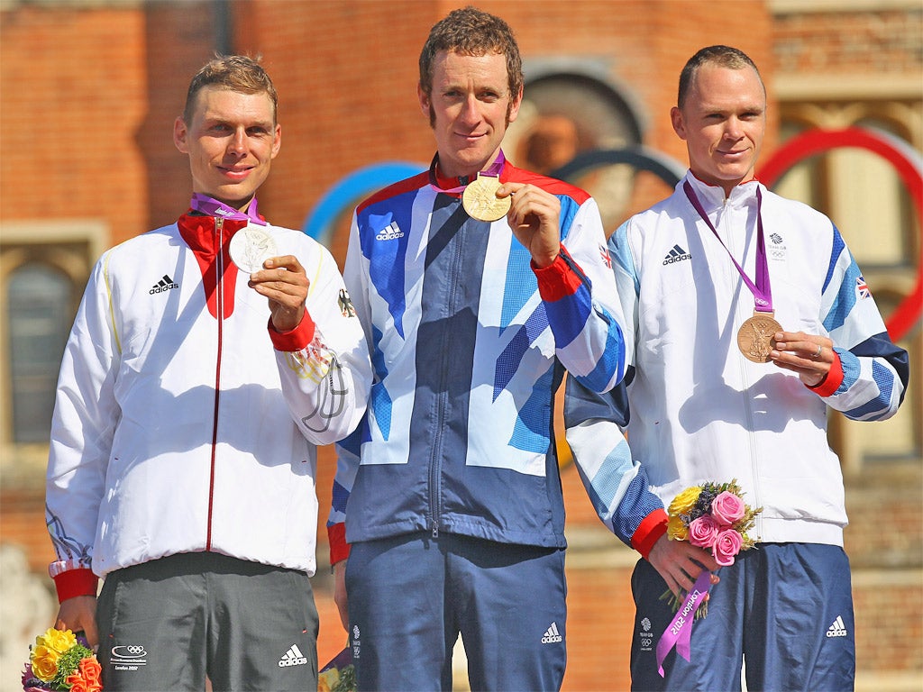 From left, bronze for Martin, gold for Wiggins, silver for Froome