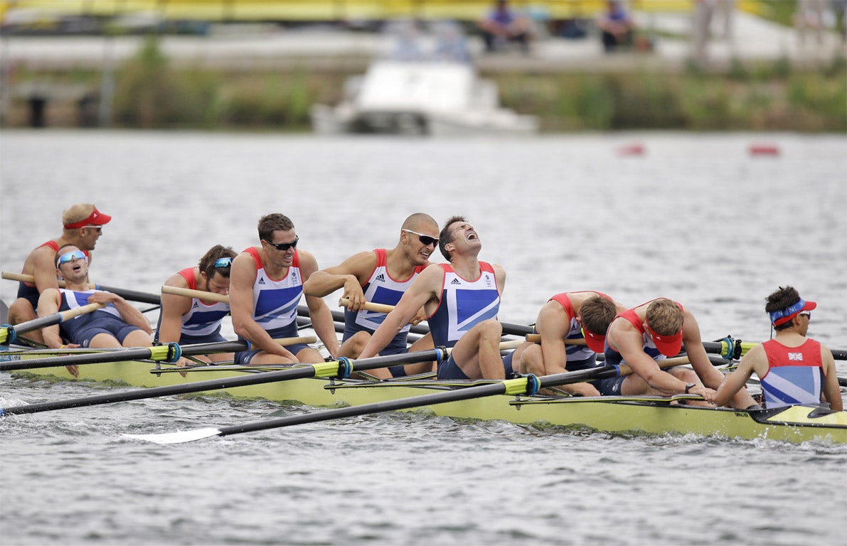 Great Britain's (from right) Phelan Hill, Constantine Louloudis, Matthew Langridge, Greg Searle, Mohamed Sbihi, Richard Egington, Tom Ransley, James Ford, and Alex Partridge react after winning the bronze medal in the men’s eight