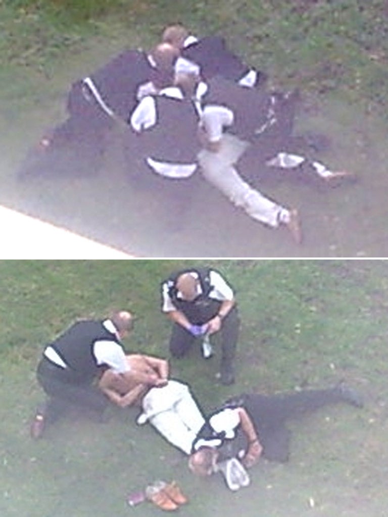 Two photographs of Sean Rigg being restrained by police officers which were taken by an eye witness and proved that he was held down for at least four minutes