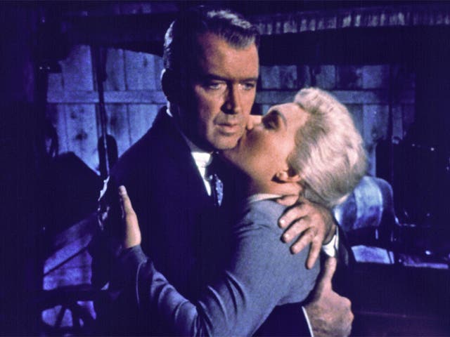 Kim Novak and James Stewart hold on tight in Hitchcock's 1958 masterpiece
