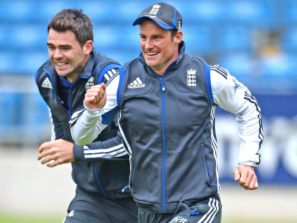 Andrew Strauss (right) and James Anderson warm up at Headingley