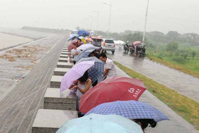 A group of Chinese residents takes shelter along the seafront in Haining as they try to catch a glimpse of incoming Typhoon Saola