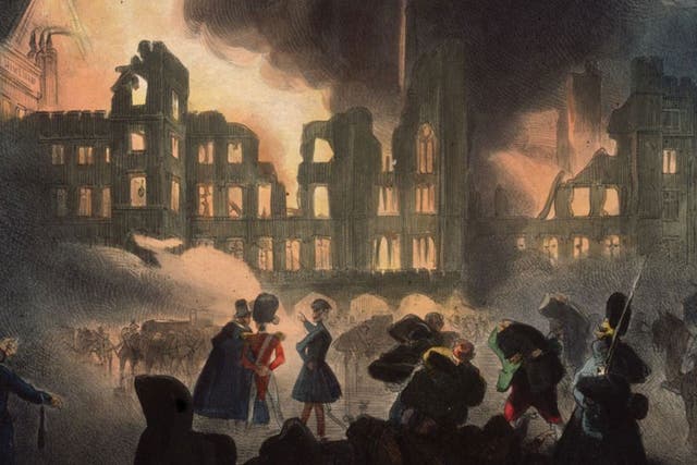 Flames consume the Palace of Westminster in 1834