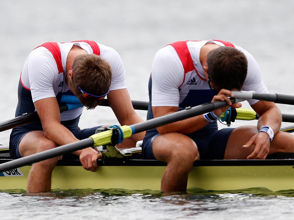 August 2, 2012: Bill Lucas and Sam Townsend of Great Britain react after finishing outside of the medal positions in the Men's Double Sculls final