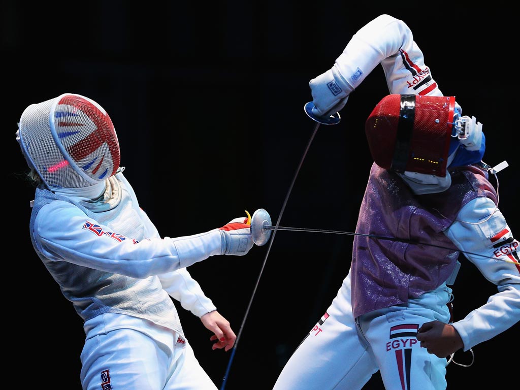 August 2, 2012: Natalia Sheppard of Great Britain comeptes against Eman Gaber of Egypt in the Women's Foil Team Fencing round of 16