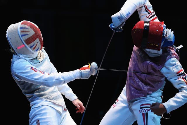 August 2, 2012: Natalia Sheppard of Great Britain comeptes against Eman Gaber of Egypt in the Women's Foil Team Fencing round of 16 