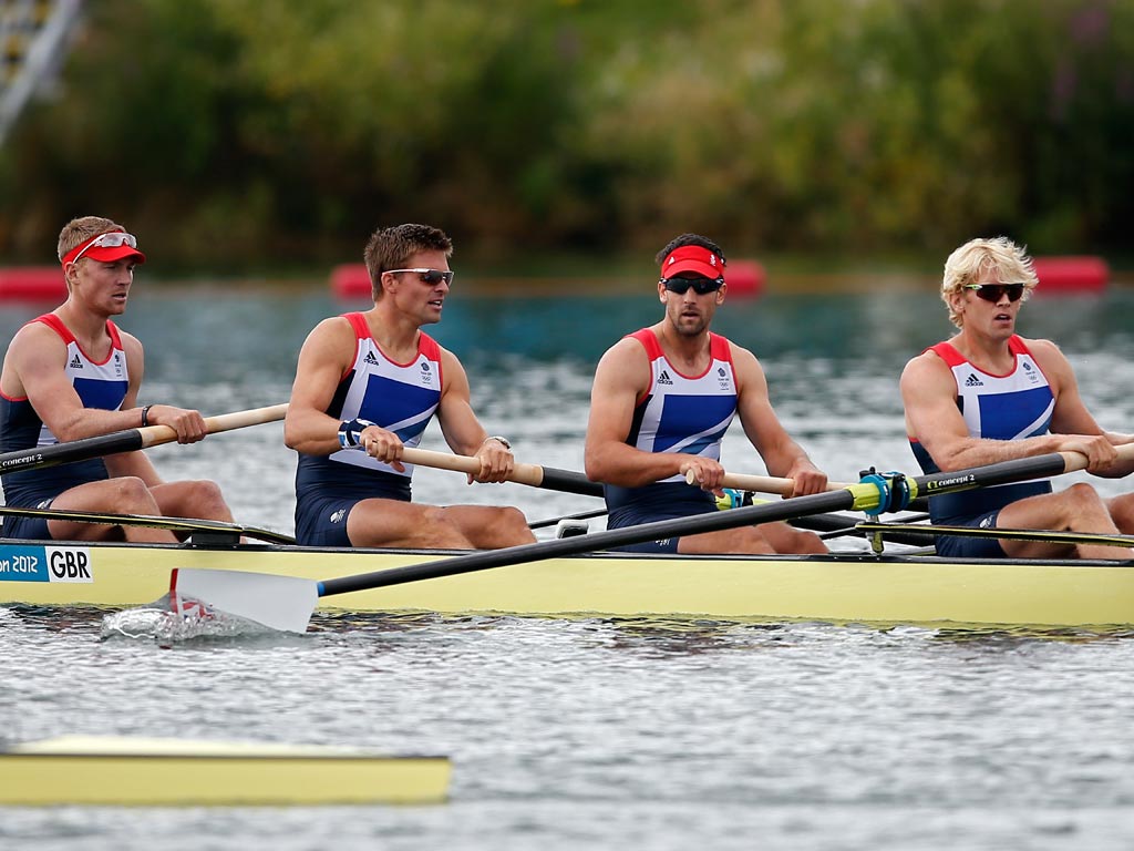 August 2, 2012: Andrew Triggs Hodge, Tom James, Pete Reed and Alex Gregory of Great Britain react after competing in the Men's Four semi-final
