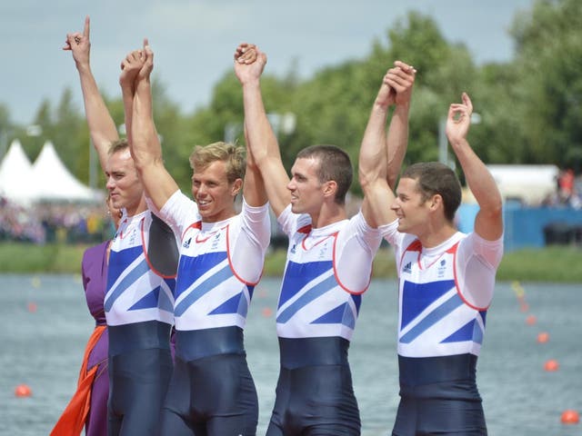 August 2, 2012: Great Britain's Peter Chambers, Rob Williams, Richard Chambers and Chris Bartley pose on the podium before receiving their silver medals