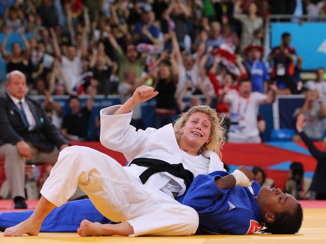 August 2, 2012: Gemma Gibbons of Great Britain (white) the moment she beat Audrey Tcheumeo of France in the semi-final of the Women's-78 kg Judo on Day 6 of the London 2012 Olympic Games