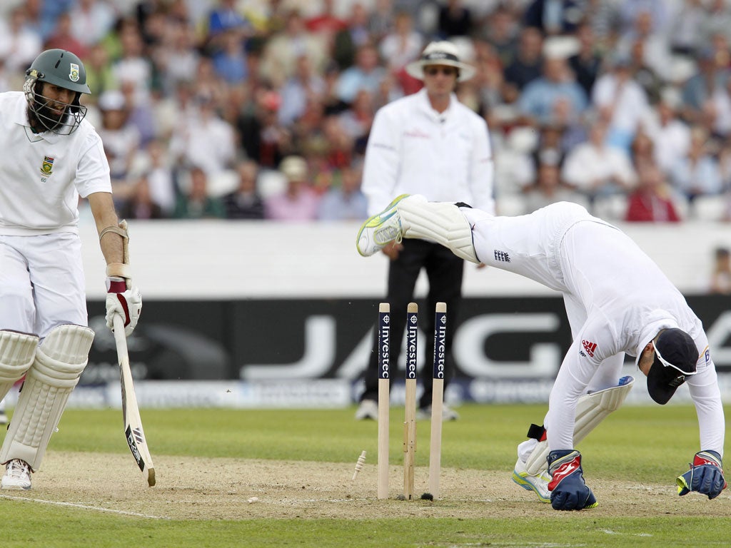 Hashim Amla of South Africa is run out by England's wicketkeeper Matt Prior