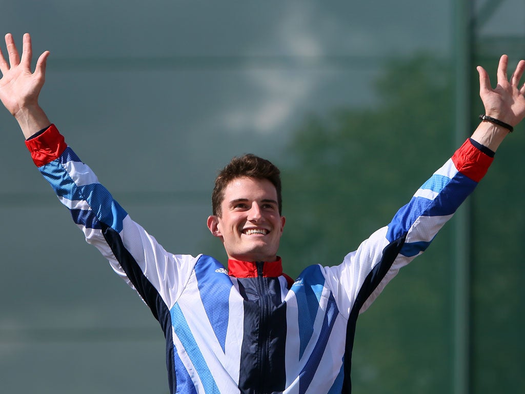 Peter Wilson celebrating his gold in the men's shooting double trap