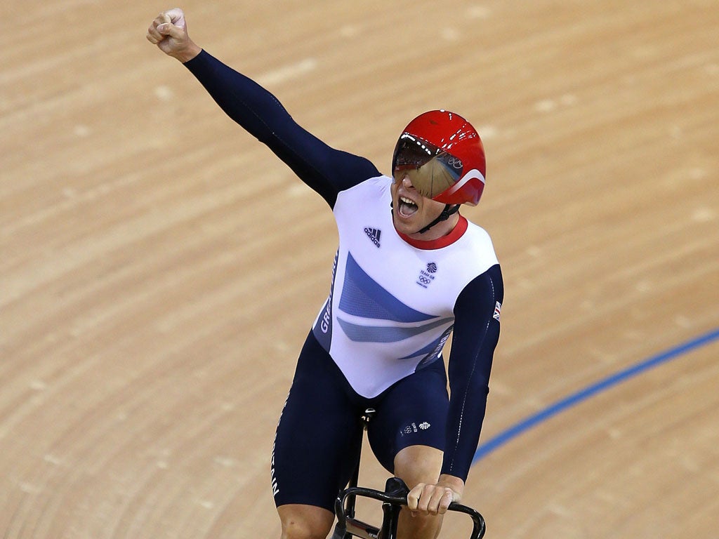Sir Chris Hoy celebrates the win