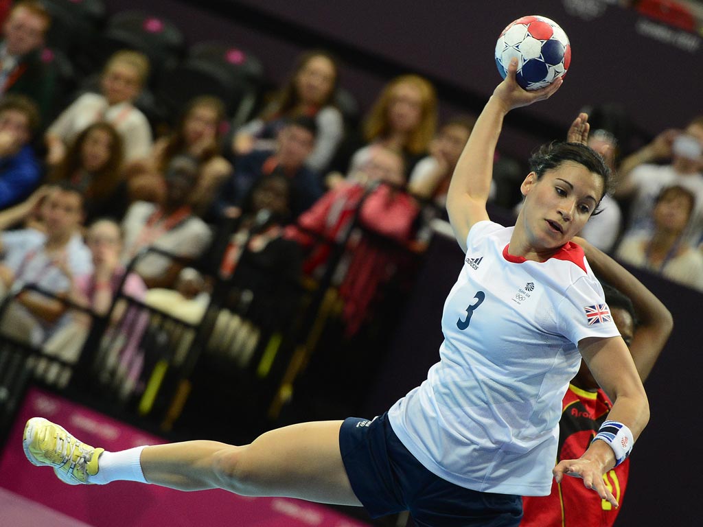 August 3, 2012: Britain's leftwing Holly Lam-Moores jumps to shoot during the women's preliminary Group A handball match against Angola. Team GB lost 31-25