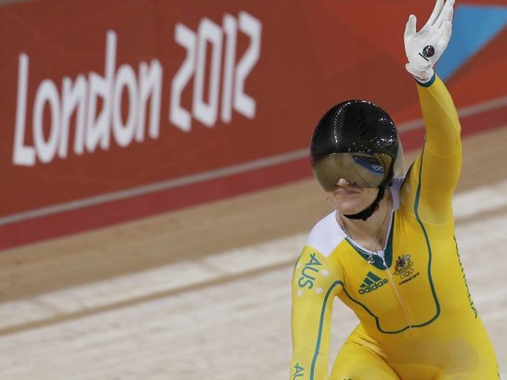 Australia's Kaarle McCulloch celebrates after winning the bronze medal in the track cycling women's team's sprint event, during the 2012 Olympics in London