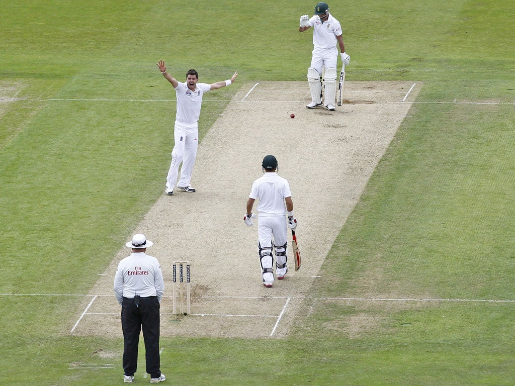 England's James Anderson makes an unsuccessful appeal for the wicket of Alviro Petersen of South Africa. Petersen moved to a career-best 170 not out