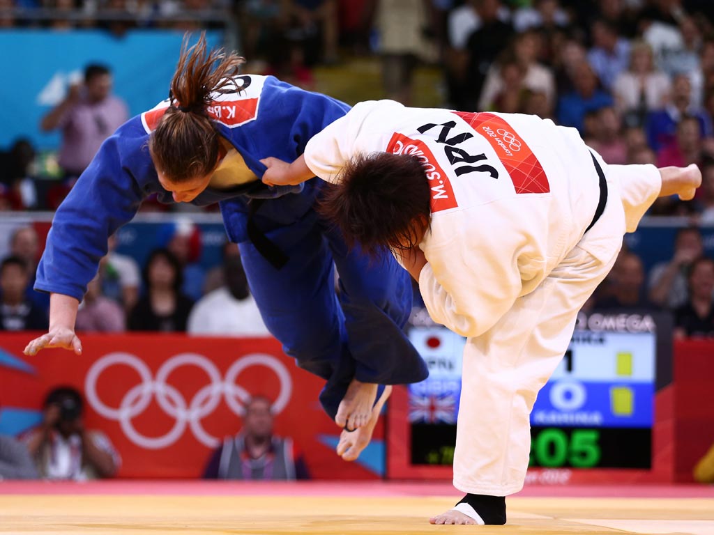 August 3, 2012: Mika Sugimoto of Japan (white) and Karina Bryant of Great Britain compete in the Women's +78 kg Judo semi-final