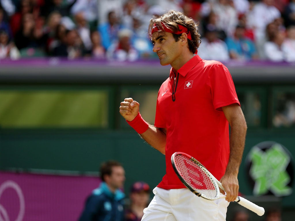 Friday 3, August: Roger Federer of Switzerland reacts after a point against Juan Martin Del Potro of Argentina in the semifinal of men's singles tennis