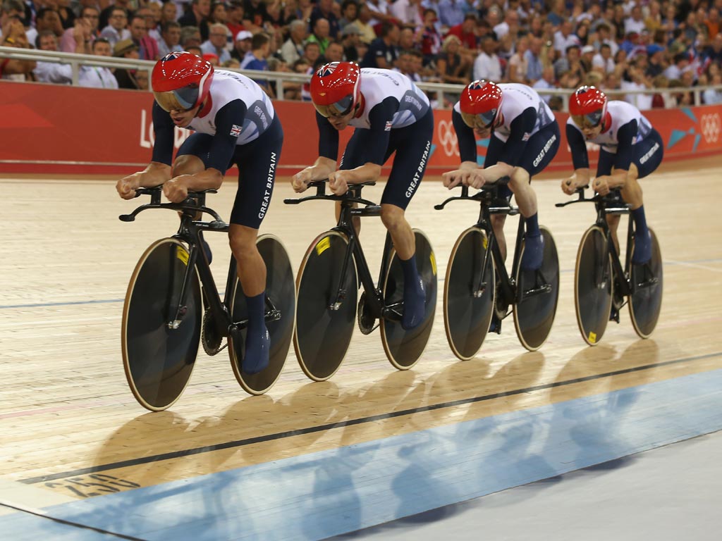 August 3, 2012: Edward Clancy, Geraint Thomas, Steven Burke and Peter Kennaugh of Great Britain compete in the Men's Team Pursuit Track Cycling