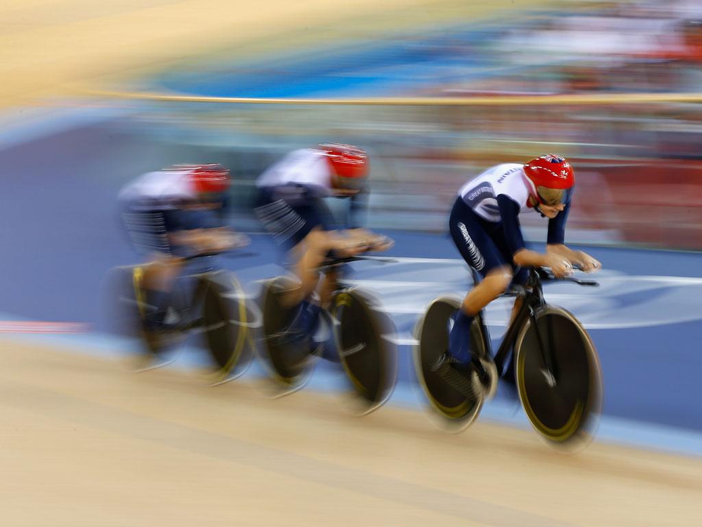 Friday 3, August: Dani King, Laura Trott and Joanna Rowsell of Great Britain set a new world record in the Women's Team Pursuit Track Cycling qualifier