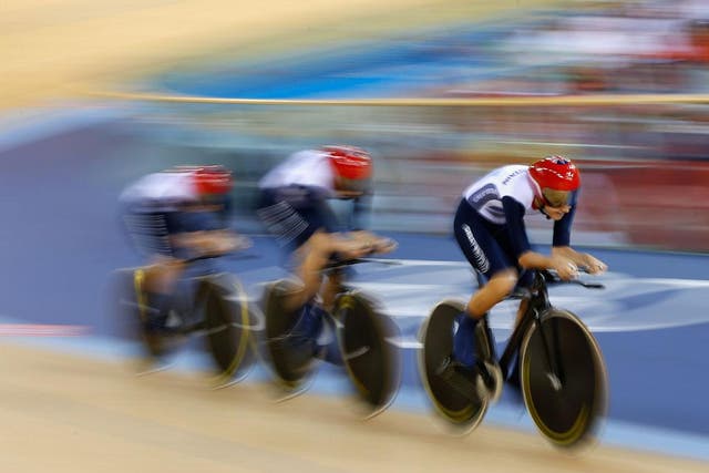 Friday 3, August: Dani King, Laura Trott and Joanna Rowsell of Great Britain set a new world record in the Women's Team Pursuit Track Cycling qualifier