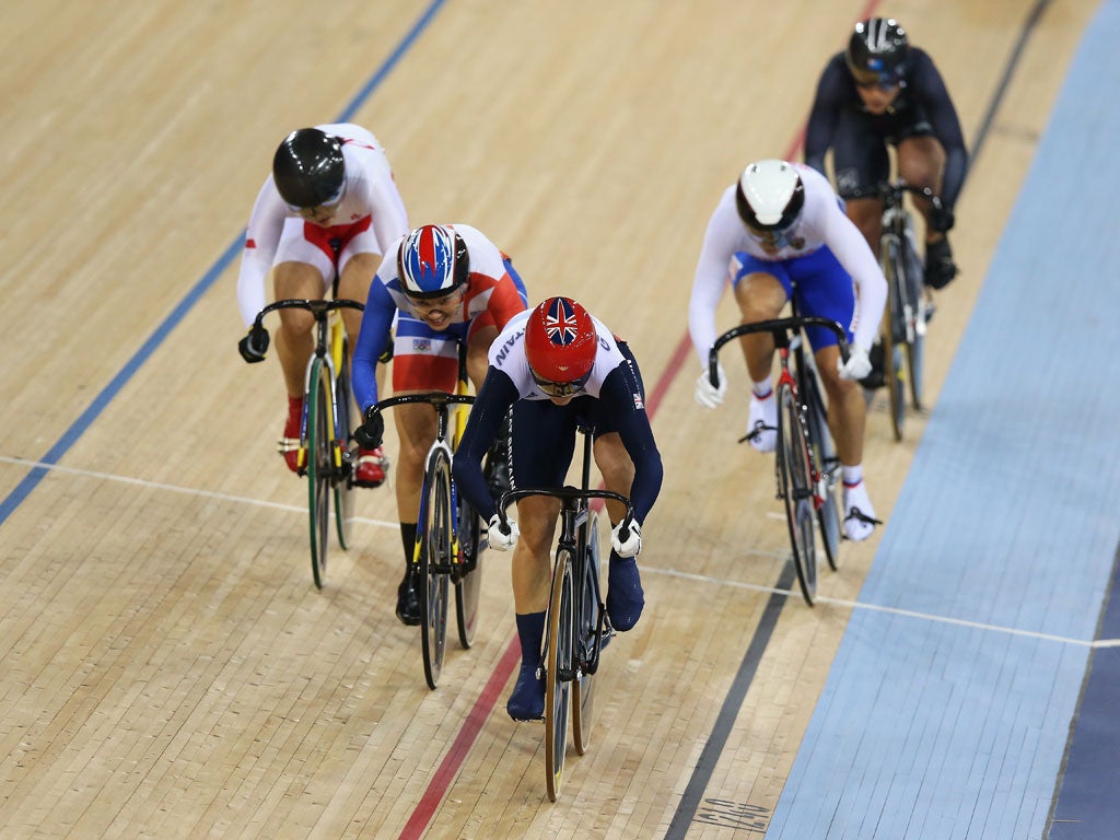 Friday 3, August: Victoria Pendleton of Great Britain, Clara Sanchez of France, Shuang Guo of China, Ekaterina Gnidenko of Russia and Natasha Hansen of New Zealand compete in the Women's Keirin Track Cycling