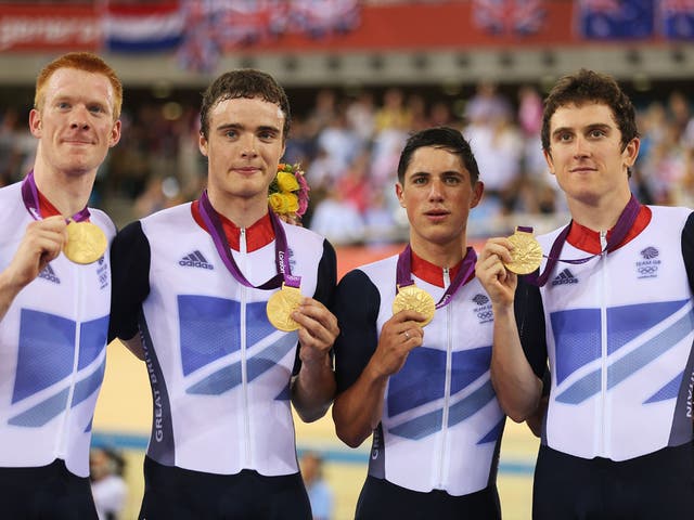 Friday 3, August: Edward Clancy, Steven Burke, Peter Kennaugh and Geraint Thomas of Great Britain celebrate with their gold medals during the medal ceremony for the Men's Team Pursuit Track Cycling final on Day 7 of the London 2012 Olympic Games at Velodrome