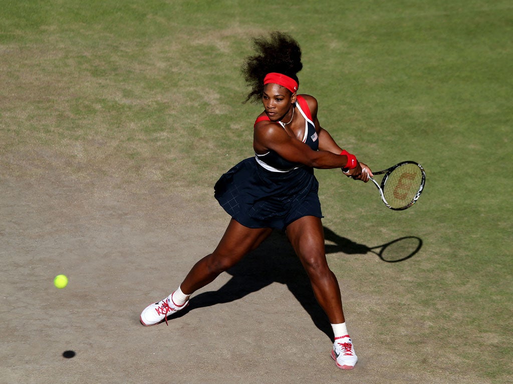 Friday 3, August: Serena Williams of the United States returns a shot against Victoria Azarenka of Belarus in the Semifinal of Women's Singles Tennis