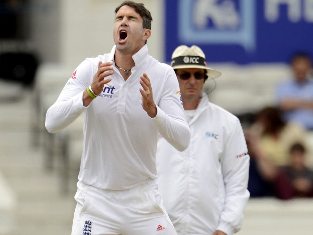 Part-time spinner Kevin Pietersen reacts after going close yesterday