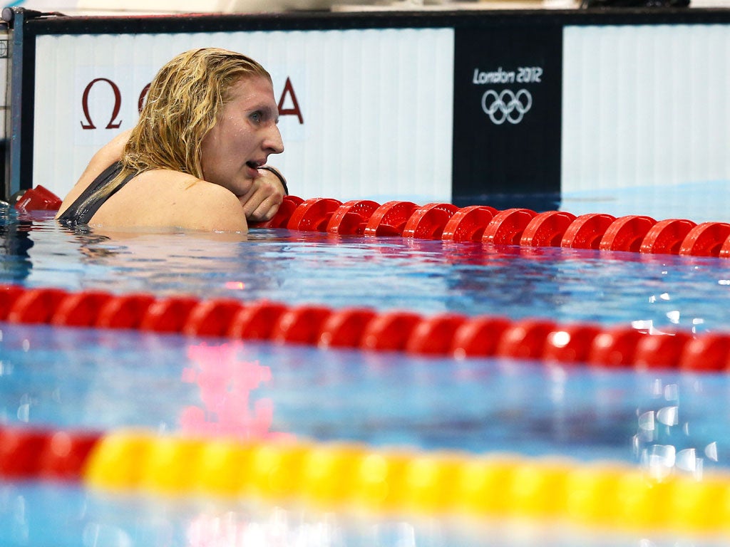 Friday 3, August: Rebecca Adlington of Great Britain reacts after finishing third in the Women's 800m Freestyle Final
