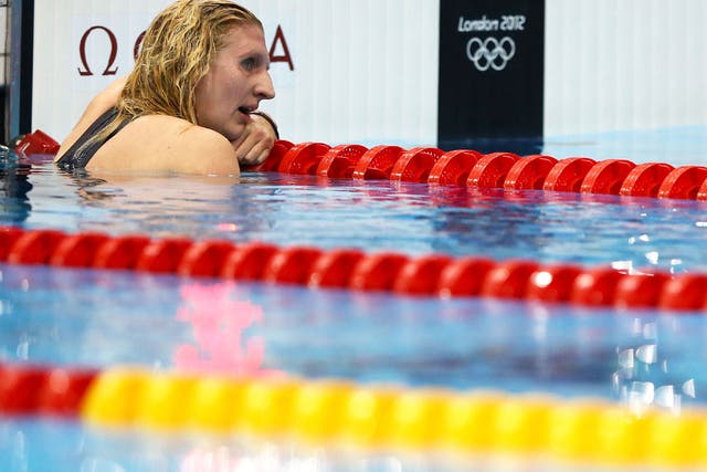 Friday 3, August: Rebecca Adlington of Great Britain reacts after finishing third in the Women's 800m Freestyle Final