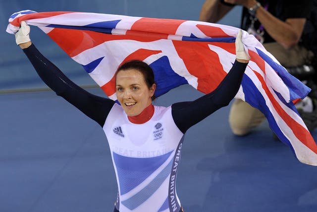 Victoria Pendleton celebrates her monumental victory in the keirin last night