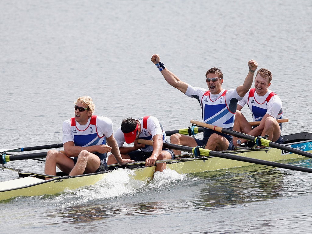 Andrew Triggs Hodge, Pete Reed, Tom James and Alex Gregory beat arch-rivals Australia to win Britain's fourth consecutive Olympic title in the coxless fours