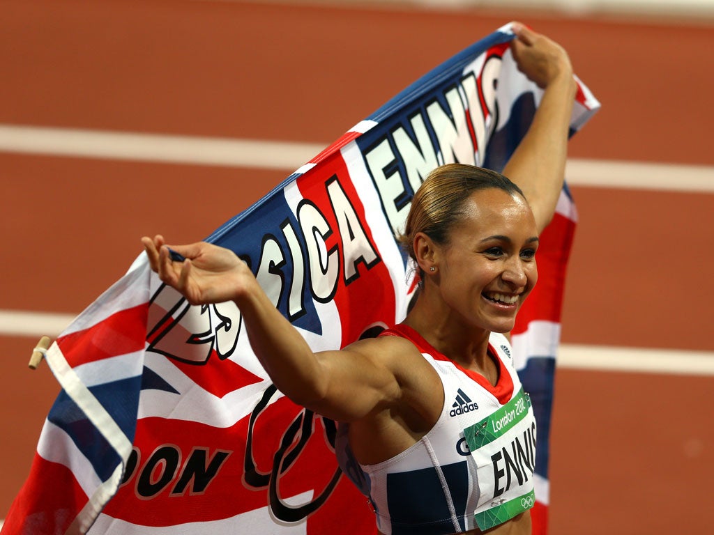 Jessica Ennis celebrates winning gold in the Women's Heptathlon at the Olympic Stadium