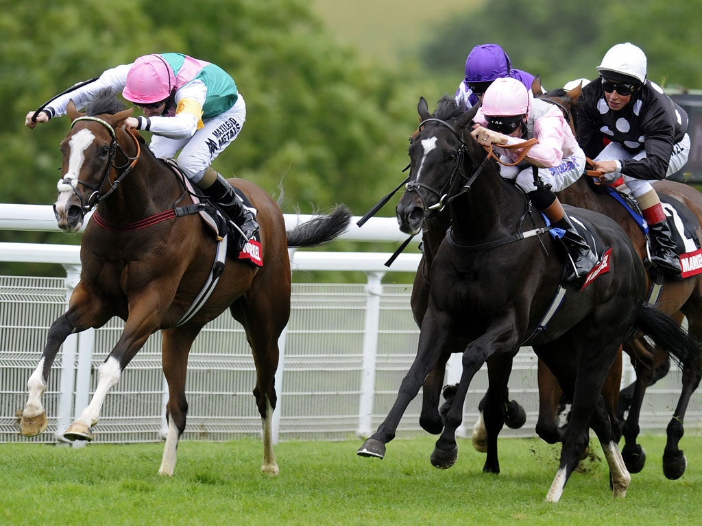 In the pink: Richard Hughes (left) drives The Fugue clear of the field in the Group One Nassau Stakes yesterday