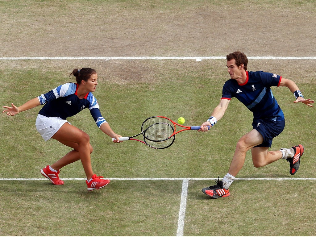 Laura Robson and Andy Murray competing yesterday. They will play for the gold against Victoria Azarenka and Max Mirnyi.