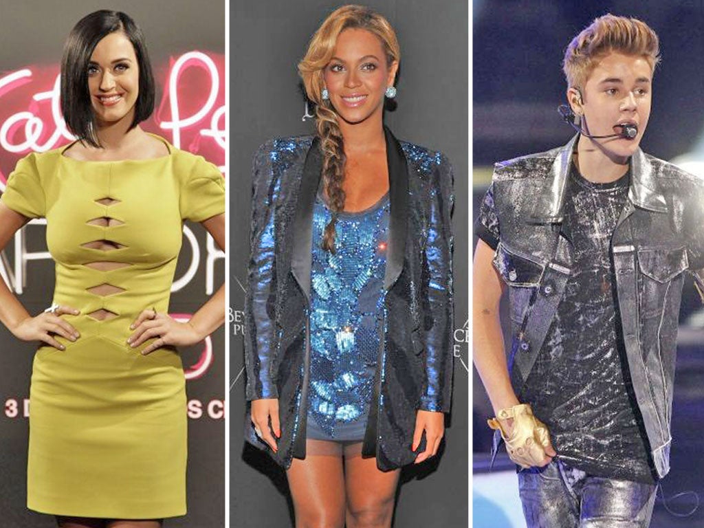 Box office draws: Katy Perry (left), Beyoncé (centre) and Justin Bieber (right)