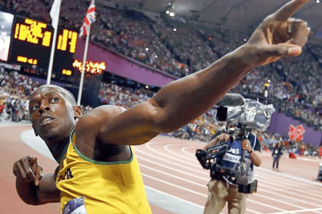 Usain Bolt – and his trademark celebration – after the 100m last night