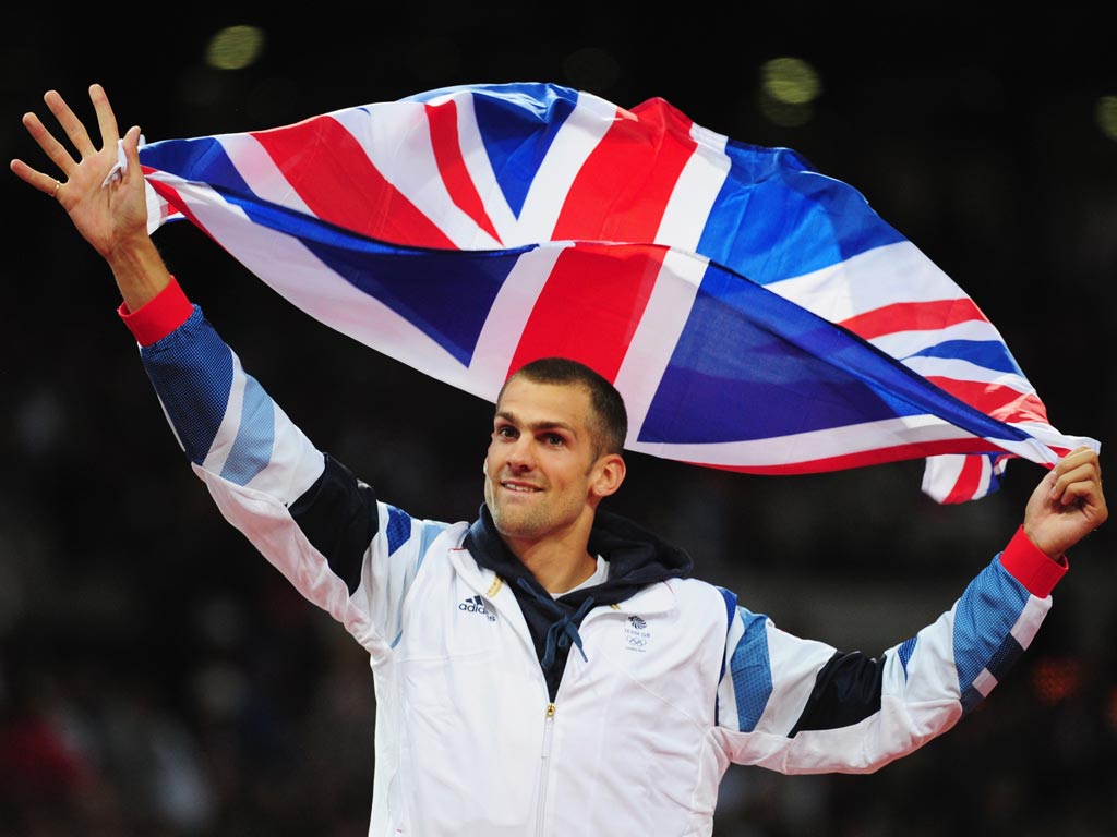 Robbie Grabarz of Great Britain celebrates winning bronze in the Men's High Jump Final on day 11 of the Olympics