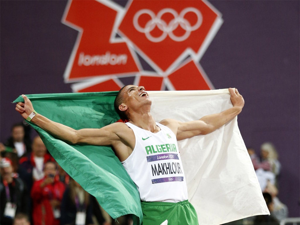 Algeria’s Taoufik Makhloufi starts celebrates 1500m victory