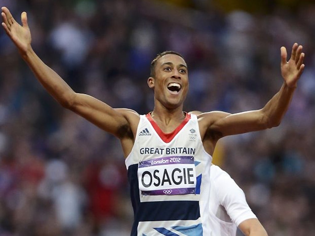 7 August: Britain's Andrew Osagie celebrates his second place finish in the men's 800m semi-final