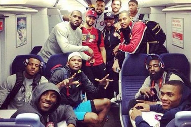 USA basketball team on public transport, including Kobe Bryant
