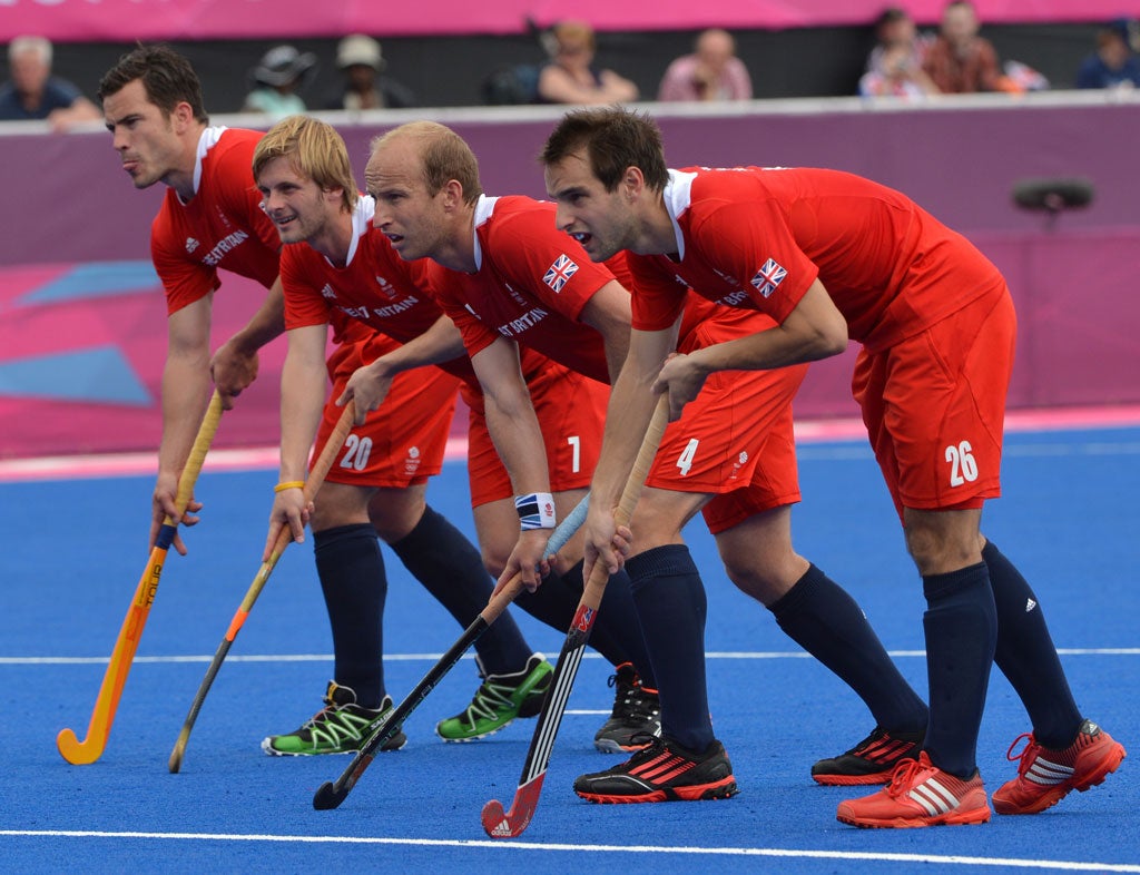 Team GB prepare for their hockey match against the Dutch. Pictured (from left) are James Tindall, Ashley Jackson, Glenn Kirkham and Nicholas Catlin from a preliminary round