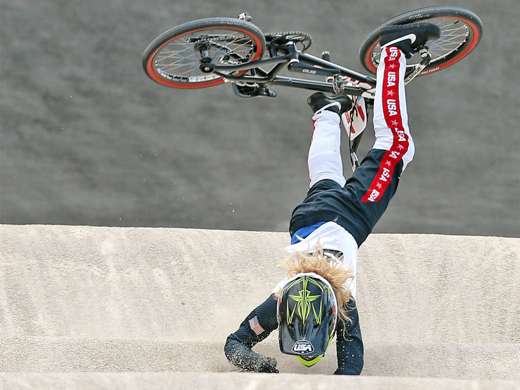 Crain Brooke of the USA suffers a nasty fall  during the women's BMX seeding event
