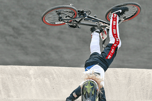 Crain Brooke of the USA suffers a nasty fall  during the women's BMX seeding event