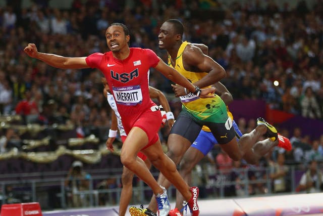August 8, 2012:  Aries Merritt of the United States crosses the finish line ahead of Hansle Parchment of Jamaica to win gold in the Men's 110m Hurdles Final 