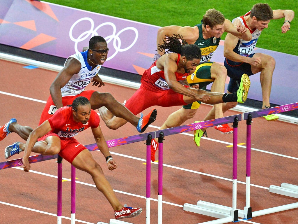 Lawrence Clarke (far right) heads for fourth in the 110m hurdles