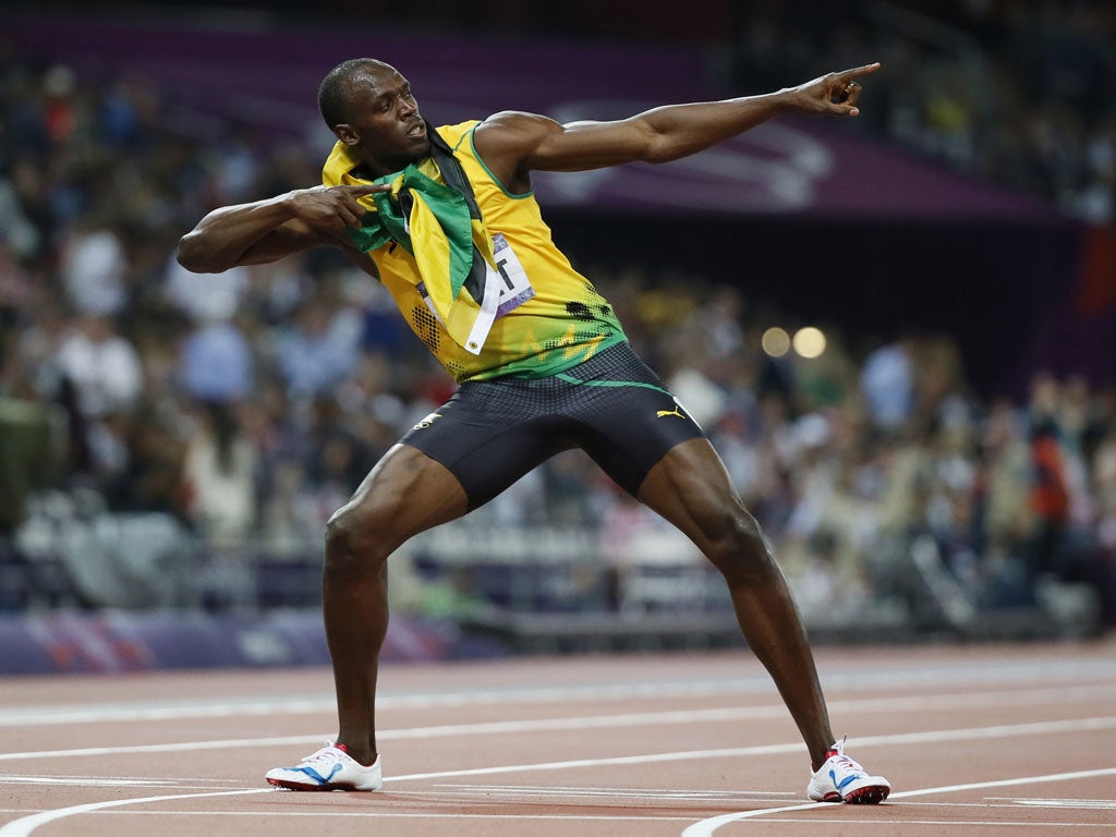 August 9, 2012: Jamaica's Usain Bolt celebrates winning the men's 200m final during the London 2012 Olympic Games at the Olympic Stadium. 