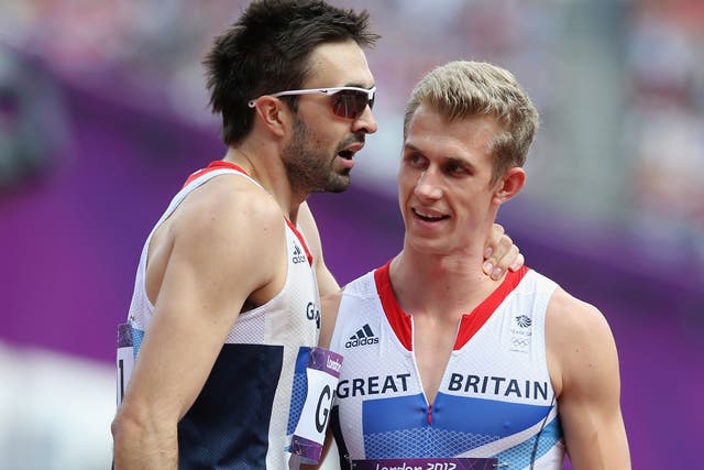 August 9, 2012: Martyn Rooney and Jack Green of Great Britain after the men's 4 x 400 metres relay heat, in which they qualified for the final