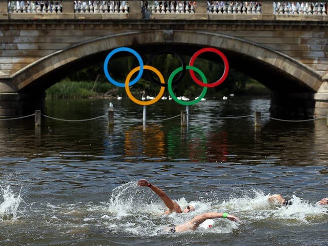 August 9, 2012: A view of the 10km open water marathon in Hyde Park